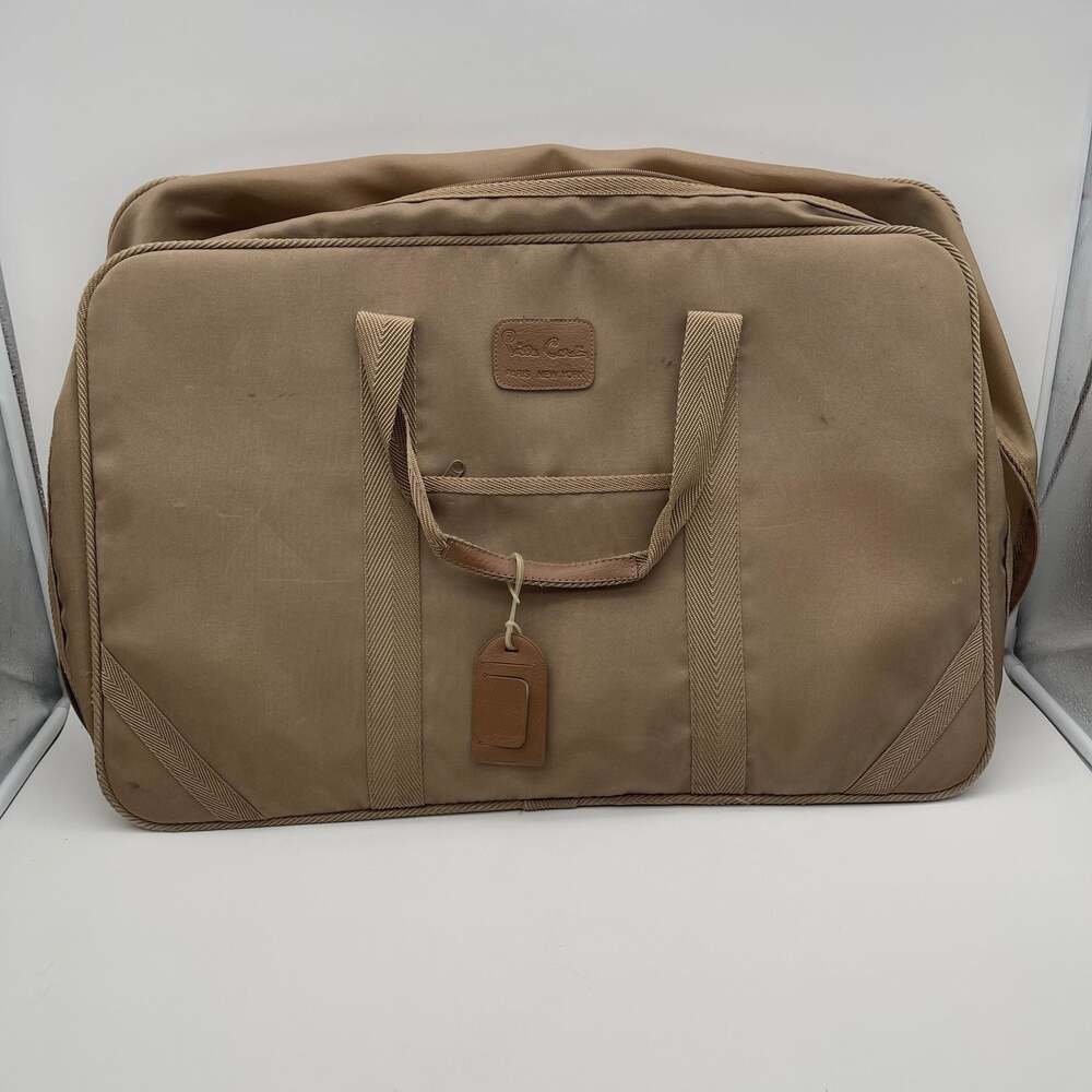 Vintage Pierre Cardin Tan Canvas Travel Bag, Soft-Sided Suitcase with Leather Tr